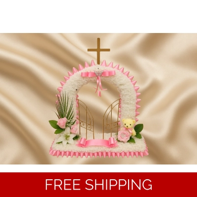 Child’s Pink Gates of Heaven Funeral Tribute with Teddy and Soft Roses